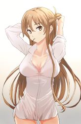 Rule 34 | 1girl, arms up, asuna (sao), asymmetrical bangs, bra, braid, breasts, brown eyes, brown hair, cleavage, collarbone, collared shirt, dress shirt, hair between eyes, highres, large breasts, long hair, looking at viewer, mouth hold, noirfall, pink bra, shirt, short ponytail, simple background, solo, sword art online, tying hair, underwear, white shirt