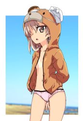 Rule 34 | 10s, 1girl, animal costume, arms behind back, bandages, bear costume, bikini, bikini bottom only, bikini tan, blurry, blurry background, boko (girls und panzer), brown eyes, brown shirt, commentary request, cowboy shot, crotch seam, day, depth of field, eyepatch, girls und panzer, hair over one eye, hood, hoodie, light brown hair, long hair, looking at viewer, monolith (suibou souko), navel, open clothes, open mouth, open shirt, outdoors, outside border, pink bikini, shimada arisu, shirt, sky, solo, standing, swimsuit, tan, tanline