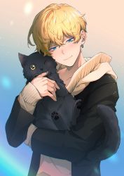 Rule 34 | 1boy, absurdres, animal, black cat, black jacket, blue background, blue eyes, blush, brown background, brown sweater, cat, closed mouth, copyright request, earrings, fangs, gradient background, hand up, highres, holding, holding animal, holding cat, jacket, jewelry, long sleeves, looking at viewer, male focus, nanin, one eye closed, short hair, smile, solo, sweater