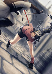 Rule 34 | 1girl, 1other, absurdres, animal ears, arch, arknights, battle, black footwear, black hair, black shorts, closed mouth, coat, day, highres, holding, holding sword, holding weapon, leg warmers, long hair, long sleeves, motion blur, official alternate costume, outdoors, ponytail, red shirt, renkon logistics, shirt, shoes, shorts, stone floor, sword, tail, texas (arknights), texas (willpower) (arknights), very long hair, weapon, white coat, wolf ears, wolf girl, wolf tail