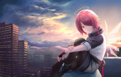 Rule 34 | 1girl, absurdres, arknights, black gloves, black pantyhose, building, city, cloud, energy wings, exusiai (arknights), fingerless gloves, flower, gloves, hair flower, hair ornament, halo, highres, hugging own legs, jacket, mountain, pantyhose, pouch, red eyes, red hair, rooftop, shoes, short hair, sitting, skirt, smile, solo, sunset, uzurako