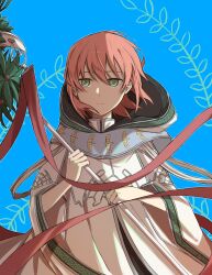 Rule 34 | 1girl, absurdres, blue background, cloak, closed mouth, delfuze, green eyes, hatori chise, highres, holding, holding staff, hood, hood down, hooded cloak, mahou tsukai no yome, medium hair, pink hair, solo, staff
