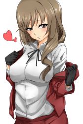 Rule 34 | 10s, 1girl, black gloves, black ribbon, brown eyes, brown hair, girls und panzer, gloves, hair over shoulder, heart, jacket, light smile, long hair, long sleeves, looking at viewer, mature female, neck ribbon, open clothes, open jacket, parted lips, red jacket, red skirt, ribbon, shimada chiyo, shirt, simple background, sketch, skirt, solo, standing, umeta shirisuke, undressing, upper body, white background, white shirt