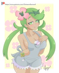 Rule 34 | 1girl, blush, breasts, chrissursilversoul, cleavage, condom, condom wrapper, creatures (company), dark-skinned female, dark skin, flower, game freak, green eyes, green hair, hair flower, hair ornament, highres, large breasts, long hair, mallow (pokemon), naked overalls, nintendo, overalls, pokemon, pokemon sm, shorts, thick thighs, thighs, twintails, very long hair