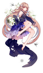 Rule 34 | 1girl, artist name, bare legs, barefoot, bird, bug, butterfly, chii, chobits, detached sleeves, dress, flower, full body, hair tubes, highres, insect, inuii, lily (flower), long hair, no pupils, platinum blonde hair, purple dress, red eyes, robot ears, sleeves past wrists, solo, text focus, very long hair, white background
