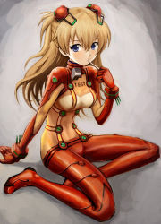 Rule 34 | 1girl, blue eyes, blush, bodysuit, breasts, hair ornament, hiro1984, long hair, md5 mismatch, medium breasts, multicolored clothes, neon genesis evangelion, orange hair, plugsuit, resolution mismatch, sitting, solo, source larger, souryuu asuka langley, test plugsuit, twintails