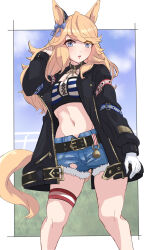 Rule 34 | 1girl, animal ears, bandeau, belt, black belt, black choker, black jacket, blonde hair, blue eyes, choker, commentary request, cutoffs, denim, denim shorts, feet out of frame, gold city (umamusume), hand up, harukazetabiji, highres, horse ears, jacket, long hair, long sleeves, looking at viewer, midriff, navel, parted lips, shorts, solo, standing, stomach, strapless, striped bandeau, tail, thigh strap, thighs, tube top, umamusume