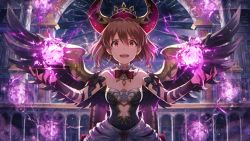 Rule 34 | 1girl, artist request, bare shoulders, black gloves, black wings, bob cut, bow, bowtie, brown eyes, brown hair, costume, crown, demon horns, detached collar, dress, earrings, elbow gloves, fire, fire, gloves, hagiwara yukiho, horns, idolmaster, idolmaster (classic), idolmaster million live!, idolmaster million live! theater days, jewelry, official art, open mouth, short hair, solo, wings