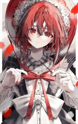 Rule 34 | 1girl, bow, buttons, closed mouth, collared shirt, expressionless, fingernails, flower, frills, hair between eyes, hair flower, hair ornament, hat, highres, jacket, long sleeves, looking at viewer, original, oshioshio, plaid, plaid shirt, red bow, red eyes, red hair, red nails, red theme, rose, shirt, solo, upper body, white bow, white flower, white rose
