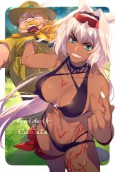 Rule 34 | 1boy, 1girl, animal ears, bare shoulders, bikini, black bikini, blue eyes, body markings, breasts, caenis (fate), caenis (swimsuit rider) (fate), caenis (swimsuit rider) (first ascension) (fate), character name, cleavage, collarbone, echo (circa), facial hair, fat, fat man, fate/grand order, fate (series), goggles, goredolf musik, grin, hairband, hat, large breasts, long hair, looking at viewer, mustache, navel, open mouth, scarf, shirt, short hair, short sleeves, smile, swimsuit, thighs, very long hair, white hair, yellow headwear, yellow scarf, yellow shirt