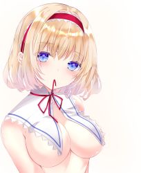 Rule 34 | 1girl, alice margatroid, bad id, bad pixiv id, bare shoulders, blonde hair, blue eyes, blush, breasts, hair between eyes, hairband, looking at viewer, medium breasts, mouth hold, nanase nao, neck ribbon, red hairband, red ribbon, ribbon, ribbon in mouth, simple background, solo, touhou, upper body, white background