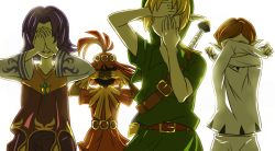 Rule 34 | 4boys, backlighting, covering privates, covering face, kafei, link, male focus, moon children, multiple boys, nintendo, otton, pointy ears, skull kid, the legend of zelda, the legend of zelda: majora&#039;s mask, white background, young link, aged down