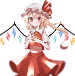 Rule 34 | 1girl, ascot, bad id, bad pixiv id, blonde hair, collared shirt, cowboy shot, flandre scarlet, frilled shirt collar, frilled sleeves, frills, hai 0909, hat, highres, long hair, mob cap, multicolored wings, orange eyes, puffy short sleeves, puffy sleeves, red skirt, red vest, shirt, short sleeves, side ponytail, simple background, skirt, skirt set, solo, steepled fingers, touhou, vest, white background, white hat, white shirt, wings, yellow ascot