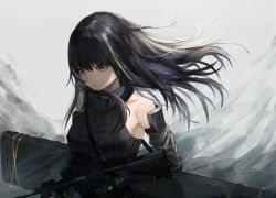 Rule 34 | 1girl, absurdres, assault rifle, bare shoulders, black hair, black shirt, breasts, brown eyes, closed mouth, girls&#039; frontline, gun, highres, holding, holding weapon, huge filesize, long hair, looking away, m4 carbine, m4a1 (girls&#039; frontline), m4a1 (mod3) (girls&#039; frontline), mechanical arms, medium breasts, mod3 (girls&#039; frontline), rifle, scarf, serious, shichi (ratorin53), shirt, simple background, single mechanical arm, solo, weapon, weapon case