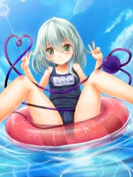 Rule 34 | 1girl, afloat, bare legs, bare shoulders, blue sky, cameltoe, cloud, collarbone, day, double bun, double v, female focus, fujino (yoshi9798174), green eyes, hair bun, highres, komeiji koishi, looking at viewer, name tag, no headwear, one-piece swimsuit, school swimsuit, short hair, silver hair, sky, smile, solo, spread legs, swimsuit, third eye, touhou, transparent, v, water, wet, wet clothes