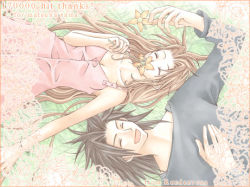 Rule 34 | 00s, 1boy, 1girl, 2000s, aerith gainsborough, black hair, breasts, brown hair, cleavage, closed eyes, collarbone, dress, final fantasy, final fantasy vii, flower, grass, grey shirt, hair down, holding, holding flower, laughing, long dress, long hair, long sleeves, lowres, medium hair, open mouth, orange flower, parted bangs, pink dress, rendezvous, shirt, smelling flower, square enix, zack fair