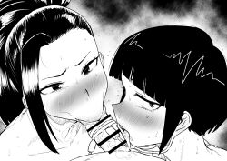 Rule 34 | 2girls, :&gt;=, absurdres, asymmetrical bangs, audio jack, bar censor, blunt bangs, blush, boku no hero academia, breath, censored, cooperative fellatio, fellatio, ffm threesome, furrowed brow, greyscale, group sex, hair pulled back, hetero, highres, jirou kyouka, kaiman garupan, licking, licking penis, long earlobes, long hair, looking at viewer, looking to the side, monochrome, multiple girls, open mouth, oral, penis, portrait, pov, saliva, short hair, steaming body, sweat, threesome, tongue, tongue out, yaoyorozu momo