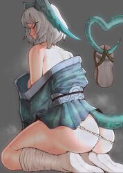 Rule 34 | 1girl, absurdres, alternate costume, arknights, ass, bare shoulders, black kimono, blue eyes, blush, breasts, butt crack, from behind, grey background, grey hair, head wings, heart, heart tail, highres, ho&#039;olheyak (arknights), japanese clothes, kimono, kneeling, medium breasts, no shoes, off shoulder, shoes, unworn shoes, short hair, sideboob, simple background, socks, soles, solo, steaming body, tabi, tail, white socks, wings, yamada (894921678)