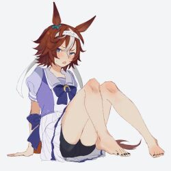 Rule 34 | 1girl, animal ears, arm support, bamboo memory (umamusume), barefoot, bike shorts, black nails, black shorts, blue bow, blue eyes, blush, bow, brown hair, commentary request, ear bow, feet, full body, grey background, grey hair, hair between eyes, headband, horse ears, horse girl, horse tail, ibitsu (tuimukotakeie), knees up, looking at viewer, multicolored hair, nail polish, open mouth, pleated skirt, puffy short sleeves, puffy sleeves, purple shirt, shirt, short shorts, short sleeves, shorts, shorts under skirt, simple background, sitting, skirt, solo, streaked hair, tail, toenail polish, toenails, umamusume, white headband, white skirt