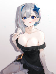 Rule 34 | 1girl, :q, absurdres, alternate breast size, amane kanata, blue eyes, breasts, cleavage, dress, highres, hololive, jewelry, large breasts, necklace, necklace pull, nenu nnk38, short hair, silver hair, solo, tongue, tongue out, virtual youtuber