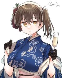 Rule 34 | 1girl, alcohol, alternate costume, alternate hairstyle, black gloves, blue kimono, breasts, brown eyes, brown hair, champagne, champagne flute, commentary request, cup, drinking glass, enmaided, gloves, half gloves, highres, holding, japanese clothes, kaga (kancolle), kantai collection, kimono, large breasts, maid, maid headdress, matsunaga (haku), print kimono, simple background, solo, twintails, upper body, wa maid, white background