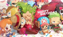 Rule 34 | 1boy, bartolomeo, blush, blush stickers, brook (one piece), character doll, closed eyes, coat, confetti, dated, earrings, facial tattoo, franky (one piece), fur-trimmed coat, fur-trimmed sleeves, fur trim, green hair, happy birthday, highres, jewelry, jinbe (one piece), long sleeves, lying, male focus, monkey d. luffy, nami (one piece), nico robin, nose piercing, nose ring, hugging object, on stomach, one piece, open mouth, piercing, qin (7833198), red coat, roronoa zoro, sanji (one piece), sharp teeth, sidelocks, smile, solo, spiked hair, straw hat pirates, tattoo, teeth, tony tony chopper, usopp