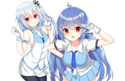 Rule 34 | 2girls, absurdres, azur lane, belt, bili girl 22, bili girl 33, bilibili, blue hair, breasts, commentary request, gloves, hand on own hip, highres, jyt, long hair, looking at viewer, multiple girls, necktie, open mouth, pantyhose, red eyes, shirt, side ponytail, simple background, sleeveless, sleeveless shirt, v, white background