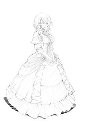 Rule 34 | 1girl, aradia (night of revenge), armlet, bare shoulders, blush, braid, breasts, center frills, commentary request, corset, dress, elbow gloves, frilled dress, frills, full body, gloves, greyscale, highres, hoop skirt, large breasts, layered dress, long dress, long hair, monochrome, night of revenge, own hands together, parted lips, puffy short sleeves, puffy sleeves, second-party source, shirt, short sleeves, side braid, side ponytail, simple background, sketch, sleeves past elbows, solo, standing, swept bangs, taut clothes, taut shirt, underbust, v arms, white background