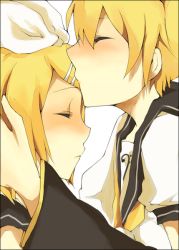 Rule 34 | 1boy, 1girl, blonde hair, blush, bow, brother and sister, detached sleeves, closed eyes, kissing forehead, hetero, incest, kagamine len, kagamine rin, kiss, kissing forehead, microphone, mono (recall), sailor, siblings, twins, vocaloid