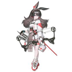 Rule 34 | 1girl, :p, animal ears, april (arknights), arknights, arrow (projectile), bare legs, black gloves, black hair, bow (weapon), collared dress, compound bow, crossed legs, dress, fingerless gloves, full body, gloves, hair between eyes, holding, holding bow (weapon), holding weapon, implied extra ears, long hair, long sleeves, looking at viewer, official art, purple eyes, quiver, rabbit ears, reoen, shoes, short dress, single glove, smile, sneakers, socks, solo, standing, tongue, tongue out, transparent background, watson cross, weapon, white dress, white footwear, white socks
