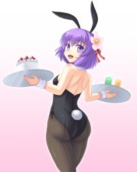 Rule 34 | 1girl, alternate costume, animal ears, ass, bare shoulders, black pantyhose, blush, cake, cup, detached collar, fishnet pantyhose, fishnets, flower, food, hair flower, hair ornament, hieda no akyuu, isaki (gomi), leotard, looking at viewer, looking back, pantyhose, playboy bunny, rabbit ears, rabbit tail, short hair, smile, solo, tail, touhou, tray