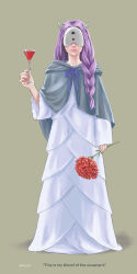 Rule 34 | 1girl, braid, brown background, capelet, cup, decodu, demon, dress, english text, extra digits, facing viewer, flower, grey capelet, highres, holding, holding cup, holding flower, horned mask, long hair, long sleeves, mask, musica (yakusoku no neverland), pink nails, purple hair, red flower, shadow, simple background, solo, white dress, yakusoku no neverland