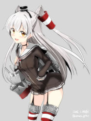 Rule 34 | 10s, 1girl, amatsukaze (kancolle), brown dress, choker, dress, garter straps, gin&#039;ichi (akacia), hair tubes, hairband, hand on own hip, highres, kantai collection, long hair, looking at viewer, open mouth, rensouhou-kun, silver hair, smile, solo, thighhighs, two side up, yellow eyes