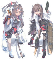Rule 34 | absurdres, aircraft, archery, arrow (projectile), bike shorts, blush, bow (weapon), brown eyes, brown hair, crossbow, fei (feikotake), flat chest, flight deck, full body, gloves, grey hair, hair between eyes, hair ribbon, hakama, hakama short skirt, hakama shorts, hakama skirt, headband, headgear, high ponytail, highres, holding, holding arrow, holding bow (weapon), holding weapon, japanese clothes, kantai collection, light brown hair, long hair, long sleeves, looking at viewer, machinery, muneate, open mouth, partially fingerless gloves, partly fingerless gloves, pleated skirt, ponytail, quiver, red shorts, ribbon, short hair, shorts, shorts under skirt, simple background, skirt, smile, striped headband, taihou (kancolle), visor cap, weapon, white background, yugake, zuihou (kancolle)