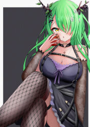 Rule 34 | 1girl, antlers, apple, black bow, black choker, black dress, black nails, blush, bow, breasts, ceres fauna, ceres fauna (goth), choker, cleavage, crossed legs, detached sleeves, dress, fishnet thighhighs, fishnets, flower, food, fruit, green hair, hair bow, hair flower, hair ornament, hairpin, heart o-ring, highres, holding, holding food, holding fruit, hololive, hololive english, horns, kai-yo, large breasts, long hair, looking at viewer, mole, mole under eye, nail polish, o-ring, o-ring choker, official alternate costume, sleeveless, sleeveless dress, solo, thigh strap, thighhighs, virtual youtuber, yellow eyes