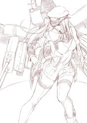 Rule 34 | 10s, anchor, bare shoulders, bismarck (kancolle), boots, breasts, cannon, commentary request, detached sleeves, dress, greyscale, hat, highres, kantai collection, large breasts, long hair, monochrome, niwatazumi, open mouth, peaked cap, rigging, sketch, solo, strapless, strapless dress, thighhighs, tube dress, zettai ryouiki