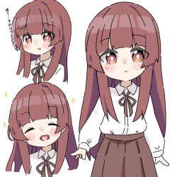 Rule 34 | 1girl, :d, :o, :t, ^ ^, blush stickers, brown eyes, brown hair, brown ribbon, brown skirt, closed eyes, closed mouth, collared shirt, commentary request, dress shirt, facing viewer, highres, kapuru 0410, kumichou musume to sewagakari, long hair, long sleeves, looking at viewer, multiple views, neck ribbon, open mouth, parted lips, pleated skirt, pout, puffy long sleeves, puffy sleeves, ribbon, sakuragi yaeka, shirt, simple background, skirt, sleeves past wrists, smile, translation request, very long hair, white background, white shirt