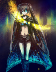Rule 34 | 10s, 1girl, bad id, bad pixiv id, belt, bikini, bikini top only, black hair, black rock shooter, black rock shooter (character), blue eyes, boots, coat, flat chest, front-tie top, glowing, glowing eye, glowing eyes, hatsune miku, hood, hooded jacket, jacket, knee boots, long hair, midriff, navel, nou (pixiv), pale skin, qqpp (dob), short shorts, shorts, solo, star (symbol), swimsuit, twintails, uneven twintails, very long hair, vocaloid
