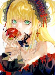 Rule 34 | 1girl, 637 00e seran, amane misa, apple, bare shoulders, black bow, black bowtie, black nails, blood, blood on face, bow, bowtie, bracelet, chain, chain necklace, chin strap, commentary, cross, cross-laced hairband, cross-laced headwear, cross earrings, cross necklace, death note, earrings, eating, eyelashes, eyeliner, food, food bite, fruit, goth fashion, gothic lolita, green eyes, hairband, hand up, highres, holding, holding food, holding fruit, jewelry, latin cross, lipstick, lolita fashion, lolita hairband, long sleeves, looking at viewer, makeup, multiple earrings, nail polish, necklace, off shoulder, open mouth, portrait, red bow, simple background, solo, two side up, white background