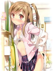Rule 34 | 1girl, absurdres, bedroom, blush, bow, bow bra, bra, breasts, brown hair, cardigan, cleavage, clothes lift, dress shirt, highres, huge filesize, indoors, kantoku, lingerie, long hair, looking at viewer, navel, nose blush, one side up, open clothes, open shirt, original, panties, parted lips, plaid, plaid skirt, pleated skirt, polka dot, polka dot bra, polka dot panties, red eyes, shirt, skirt, skirt lift, small breasts, solo, underwear, underwear drawer, undressing, white bra, white panties