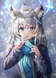 1girl, absurdres, ahoge, animal ear fluff, animal ears, bangs, blue archive, blue eyes, blue scarf, blurry, blush, bokeh, breasts, bright pupils, chromatic aberration, commentary request, depth of field, eyebrows visible through hair, grey background, halo, highres, jacket, looking at viewer, medium breasts, medium hair, mirage (rairudiseu), mismatched pupils, open clothes, open jacket, parted lips, purple jacket, scarf, shiroko (blue archive), shirt, silver hair, simple background, snowing, solo, upper body, white pupils, white shirt, winter, wolf ears