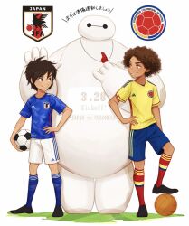 Rule 34 | 1other, 2boys, android, ball, baymax, big hero 6, black hair, brown hair, camilo madrigal, commentary request, crossover, curly hair, dark-skinned male, dark skin, encanto, hand on own hip, highres, hiro hamada, interracial, looking at another, melchencanto, multiple boys, short hair, short sleeves, smile, soccer ball, soccer uniform, sportswear, white background