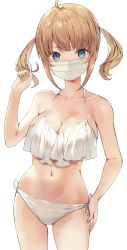 Rule 34 | 1girl, bare shoulders, bikini, blonde hair, blue eyes, blue nails, braid, collarbone, highres, looking at viewer, masco, mask, mouth mask, nail polish, navel, original, side-tie bikini bottom, simple background, solo, surgical mask, swimsuit, twintails, white background, white bikini