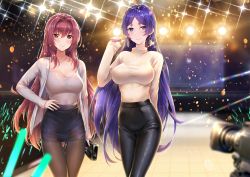Rule 34 | 2girls, alternate costume, beige sweater, black pants, black skirt, blurry, blush, breasts, casual, closed mouth, contemporary, depth of field, fate/grand order, fate (series), green jacket, hair between eyes, hair intakes, high-waist pants, highres, hua-j, jacket, large breasts, long hair, long sleeves, looking at viewer, minamoto no raikou (fate), multiple girls, nail polish, open clothes, open jacket, pants, parted bangs, purple eyes, purple hair, red eyes, scathach (fate), skirt, smile, stage, stage lights, thighs, very long hair, video camera