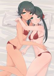 Rule 34 | 2girls, alakoala, ass, bikini, black hair, breasts, commentary request, cowboy shot, dated, green eyes, halterneck, highres, kantai collection, long hair, looking at viewer, lying, mikuma (kancolle), mogami (kancolle), multiple girls, on side, pillow, red bikini, short hair, side-tie bikini bottom, signature, small breasts, swept bangs, swimsuit, twintails