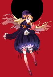 Rule 34 | 1girl, abigail williams (fate), blonde hair, bloomers, blue eyes, bow, bubble skirt, bug, butterfly, dress, fate/grand order, fate (series), hair bow, hat, heterochromia, highres, holding, holding stuffed toy, insect, long hair, looking at viewer, pink eyes, purple dress, purple footwear, purple hat, red background, shoes, skirt, solo, stuffed animal, stuffed toy, teddy bear, tenobe, too many bows, top hat, two-tone background, underwear, very long hair, very long sleeves, white bloomers