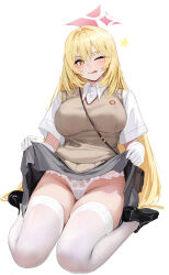 Rule 34 | 1girl, :q, bag, black footwear, blonde hair, blue archive, blush, breasts, brown bag, chela77, closed mouth, clothes lift, collared shirt, commentary, full body, gloves, grey skirt, halo, highres, large breasts, lifting own clothes, long hair, looking at viewer, one eye closed, panties, pink halo, shirt, shokuhou misaki, short sleeves, simple background, sitting, skirt, skirt lift, solo, star (symbol), symbol-only commentary, thighhighs, thighs, toaru kagaku no railgun, toaru majutsu no index, tongue, tongue out, underwear, wariza, white background, white gloves, white panties, white thighhighs, yellow eyes