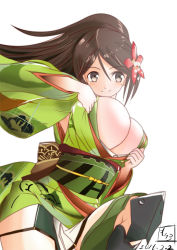 Rule 34 | 10s, 1girl, 2016, amagi (kancolle), armor, breasts, brown eyes, brown hair, cleavage, closed mouth, dated, flower, hair between eyes, hair flower, hair ornament, japanese clothes, kantai collection, kimono, knee pads, kneehighs, large breasts, leaf hair ornament, long hair, moke ro, mole, mole under eye, obi, open clothes, open kimono, ponytail, sash, simple background, smile, socks, solo, white background