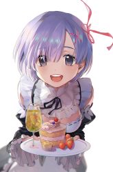 Rule 34 | 1girl, blue eyes, blue hair, blush, breasts, cake, commentary request, detached sleeves, dress, eucha, food, frills, fruit, hair ornament, hair over one eye, hair ribbon, holding, holding plate, looking at viewer, maid, medium breasts, open mouth, pink ribbon, plate, re:zero kara hajimeru isekai seikatsu, rem (re:zero), ribbon, short hair, simple background, smile, solo, strawberry, teeth, upper teeth only, white background, x hair ornament