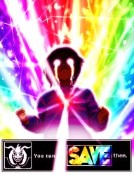 Rule 34 | 00s, 1boy, androgynous, asriel dreemurr, brown hair, colorful, crying, crying with eyes open, english text, frisk (undertale), glowing, glowing eyes, heart, highres, rainbow background, shirt, short hair, solo focus, spoilers, streaming tears, striped clothes, striped shirt, striped sweater, sweater, tears, tengen toppa gurren lagann, text focus, undertale